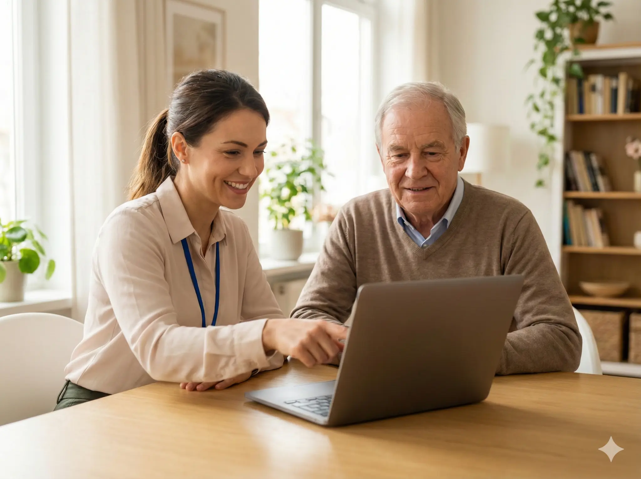 Friendly tech support helping senior with computer
